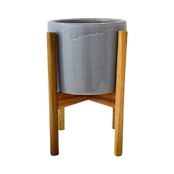 Ivyline Anzio Warm Grey Pot Cover With Wooden Stand 1 Ivyline Anzio Warm Grey Pot Cover With Wooden Stand